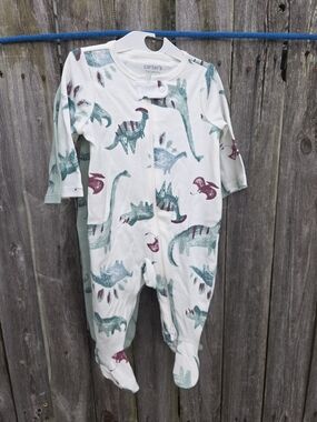 Carter's White Baby One-Piece with Teal and Burgundy Dinosaur Print
